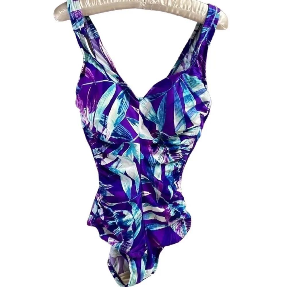 Maxine Ladies One Piece Tropical Print Swim Suit Bathing Suit Sz 12 Teal Purple